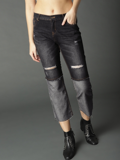 

Roadster Women Black Regular Fit Mid-Rise Slash Knee Cropped Jeans