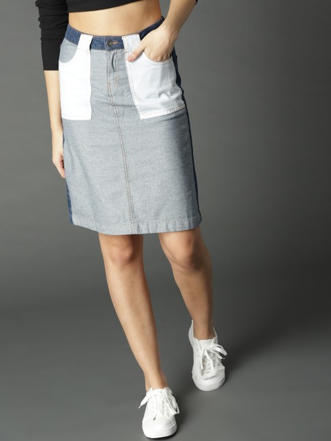 

Roadster Women Blue Solid Denim Pure Cotton Skirt