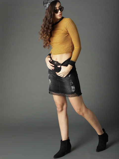 

Roadster Women Black Solid Distressed Denim Skirt