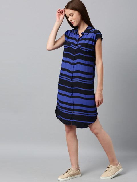 

Chemistry Women Blue & Black Striped Shirt Dress with Pockets