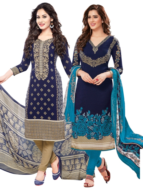 

Ishin Combo of 2 Unstitched Salwar Suit Dress Material With Dupatta, Navy blue