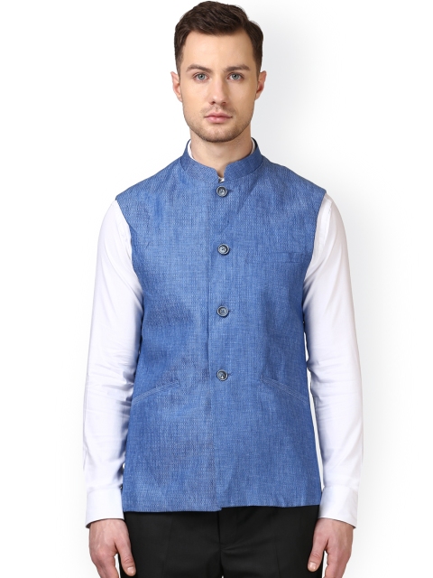 

Park Avenue Men Blue Solid Linen Nehru Jacket