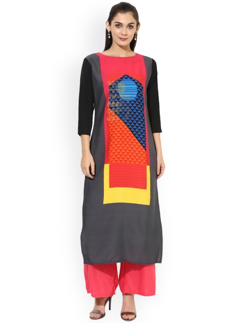 

Vaamsi Women Grey & Red Printed Straight Kurta
