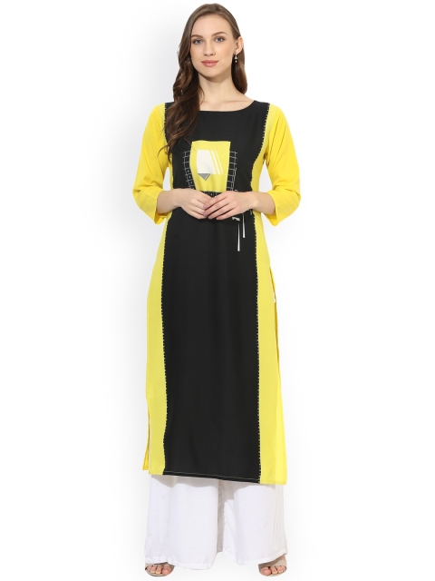 

Vaamsi Women Black & Yellow Printed Straight Kurta