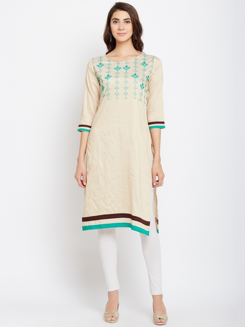 

Span Women Beige & Teal Green Yoke Design Straight Kurta