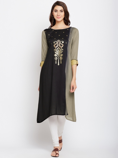 

Span Women Black & Grey Colourblocked A-Line Kurta