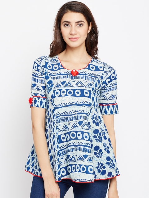 

Span White & Navy Printed A-Line Kurti