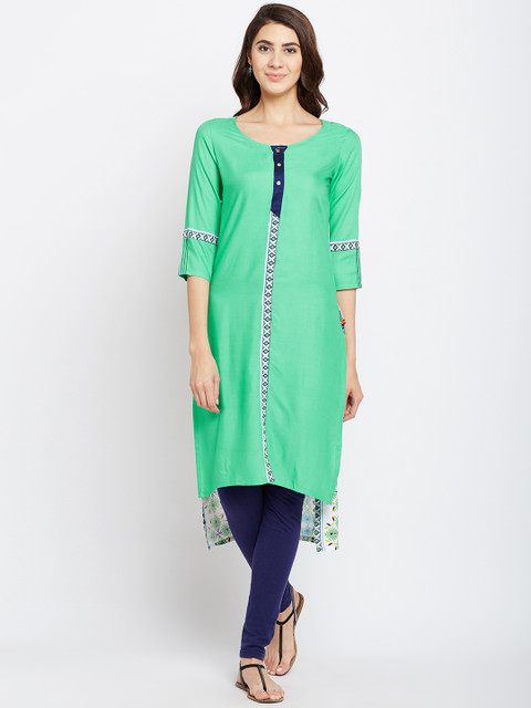 

Span Women Green & White Printed Straight Kurta