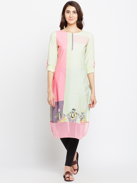 

Span Women Green & Pink Quirky Printed Straight Kurta