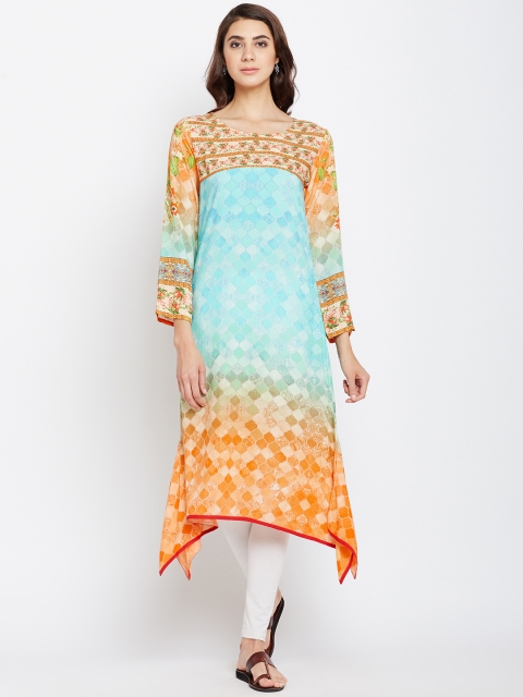 

Span Women Turquoise Blue & Orange Printed A-Line Kurta