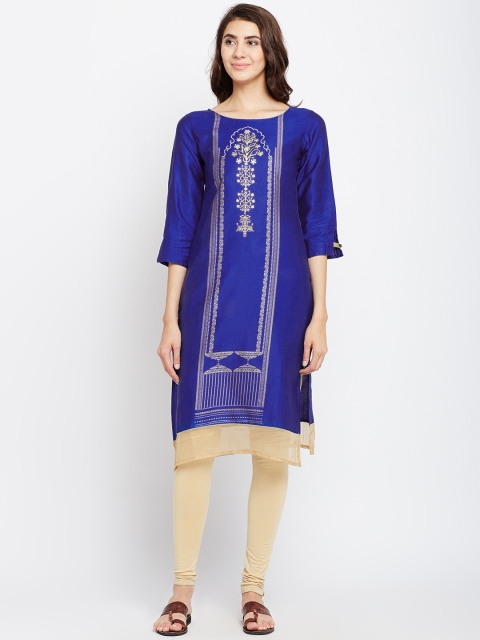 

Span Women Blue & Golden Printed Straight Kurta