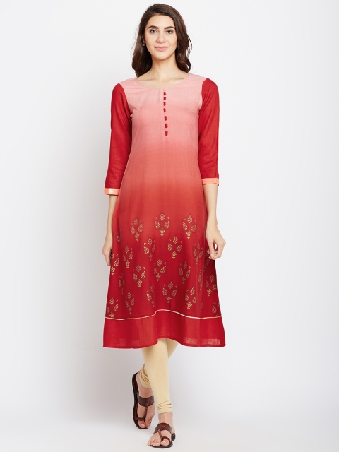 

Span Women Peach-Coloured & Red Dyed A-Line Kurta