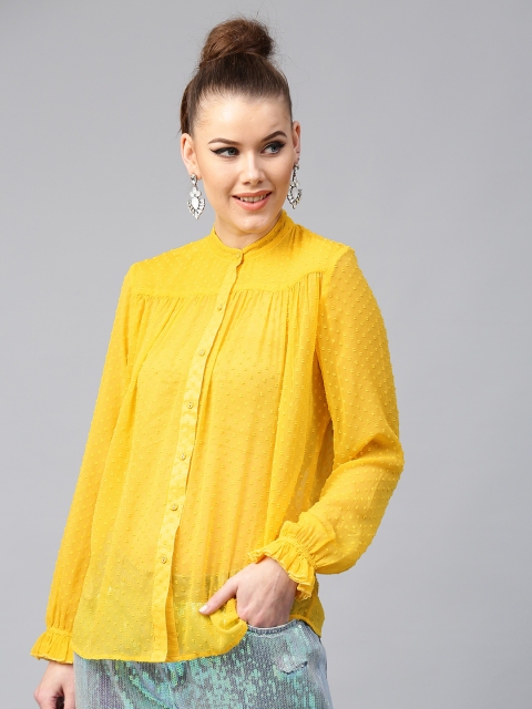 

SASSAFRAS Women Yellow Regular Fit Self Design Casual Shirt