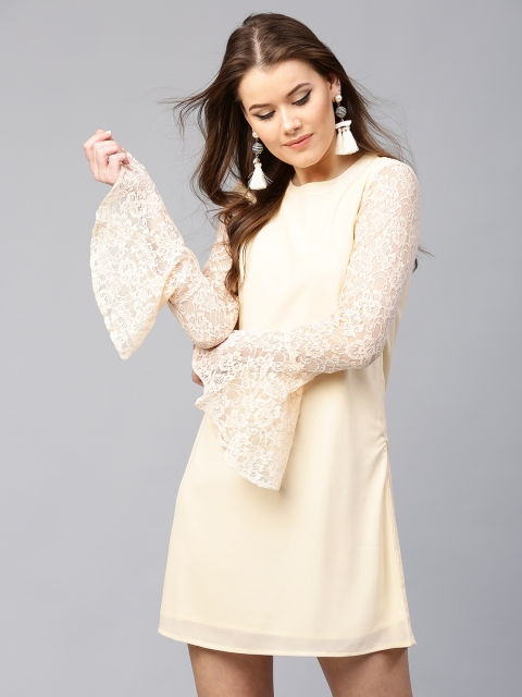 

SASSAFRAS Women Beige Lace Detail Sheath Dress