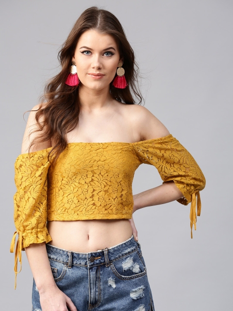 

SASSAFRAS Women Mustard Yellow Lace Crop Bardot Pure Cotton Top