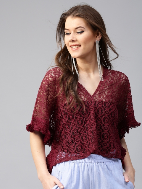 

SASSAFRAS Women Maroon Lace Crop Kaftan Pure Cotton Top