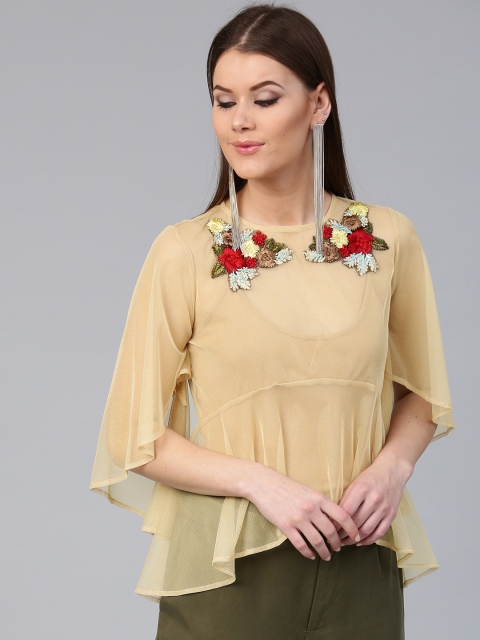 

SASSAFRAS Women Beige Semi-Sheer A-Line Top