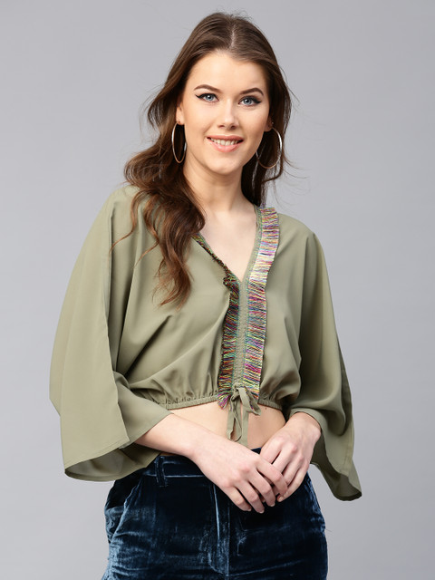 

SASSAFRAS Women Olive Green Solid Blouson Crop Top