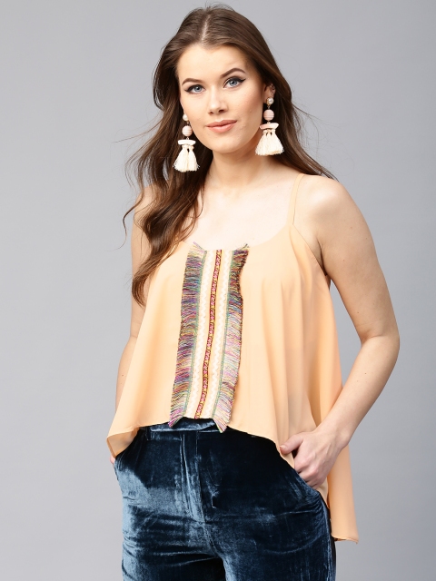 

SASSAFRAS Women Peach-Coloured Fringed A-Line Top