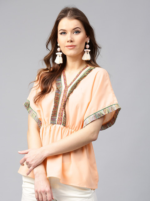 

SASSAFRAS Women Peach-Coloured Solid Cinched Waist Top with Fringes