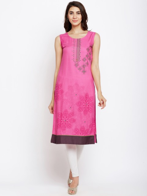 

Span Women Pink Printed Straight Kurta