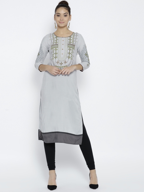 

Span Women Light Grey Printed Straight Kurta