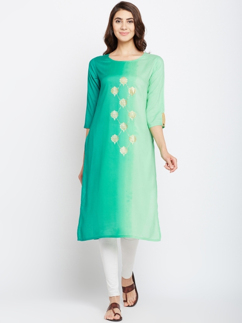 

Span Women Green Ombre-Dyed Straight Kurta with Printed Detail