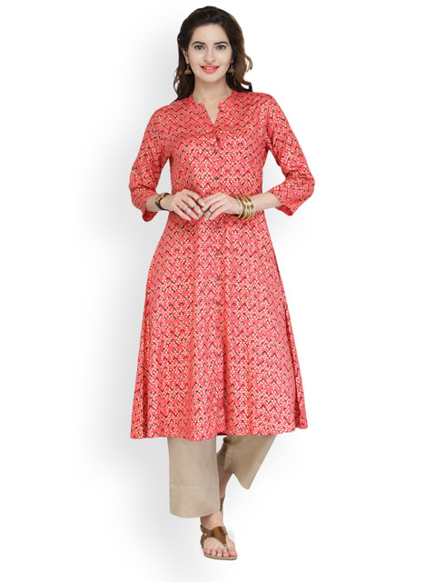 

Varanga Women Coral Pink Printed A-Line Kurta