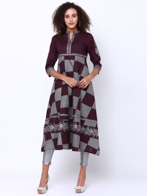 

Vishudh Women Burgundy & Grey Printed Anarkali Kurta