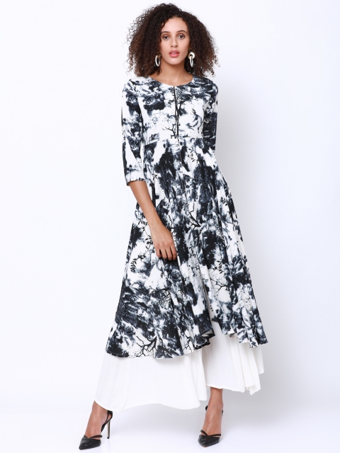 

Vishudh Women Black & White Printed A-Line Kurta
