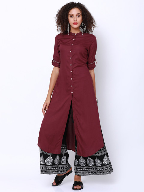 

Vishudh Women Maroon & Black Solid Kurta with Palazzos