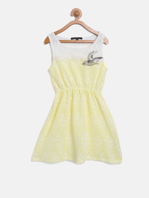

Monte Carlo Girls Yellow & White Self-Design Fit & Flare Dress