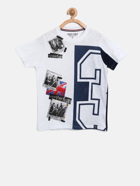 

Monte Carlo Boys White & Navy Blue Printed Round Neck T-shirt
