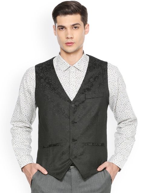 

V Dot Men Black Self Design Waistcoat