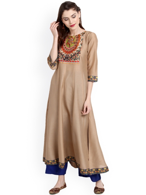 

Janasya Women Beige Printed Anarkali Kurta