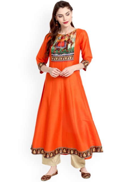 

Janasya Women Orange Printed Anarkali Kurta