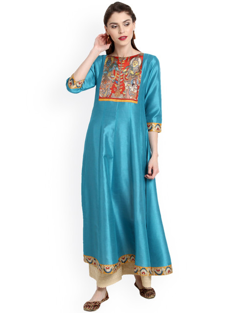 

Janasya Women Blue Printed Silk Anarkali Kurta with Dupatta