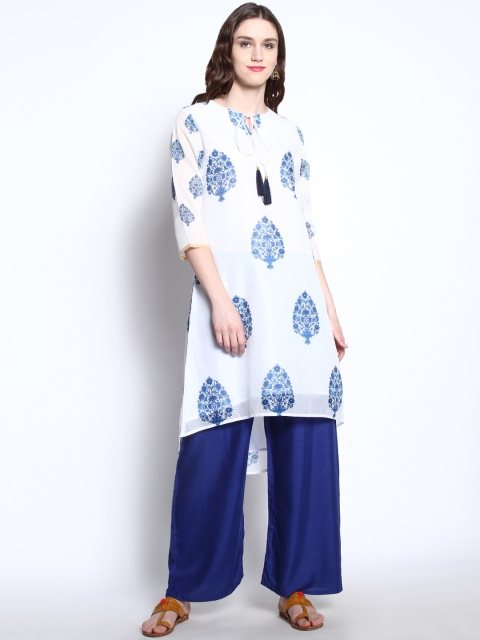 

RARE ROOTS Women White & Blue Printed A-Line Kurta