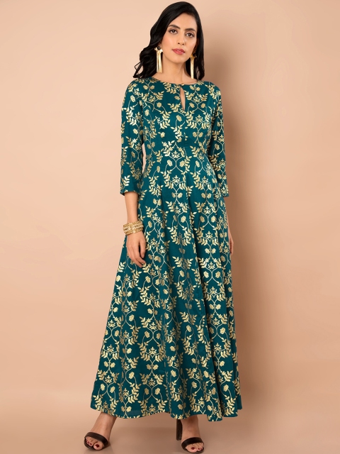 

INDYA Women Teal & Gold-Toned Printed Anarkali Kurta