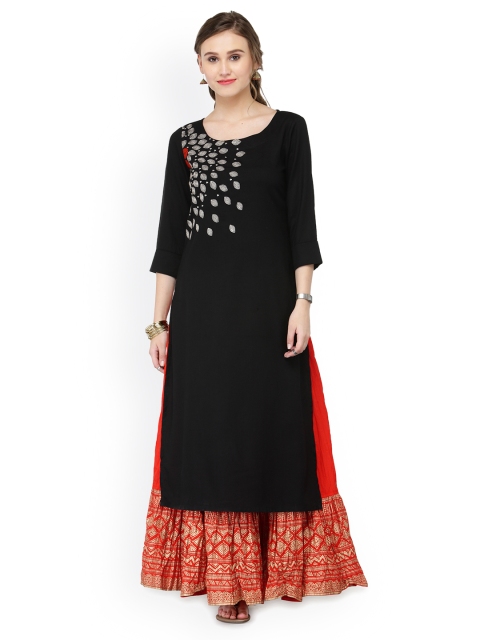

Varanga Women Black & Orange Embroidered Kurta with Skirt