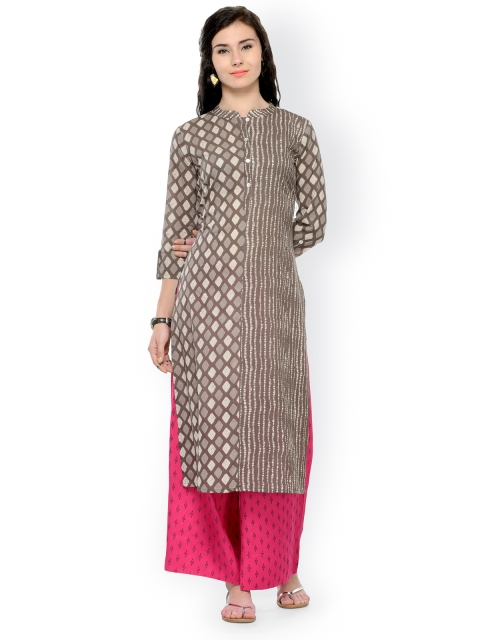 

Varanga Women Taupe & Pink Printed Kurta with Palazzos