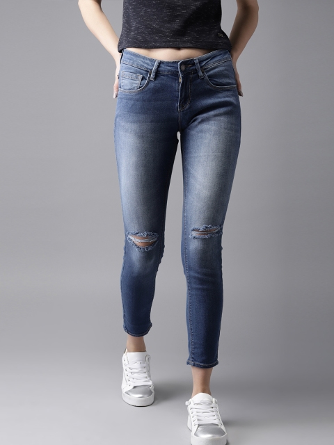 

HERE&NOW Women Blue Skinny Fit Mid-Rise Mildly Distressed Stretchable Cropped Jeans