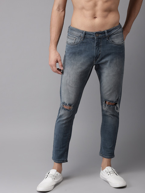 

HERE&NOW Men Blue Slim Fit Mid-Rise Mildly Distressed Stretchable Cropped Jeans