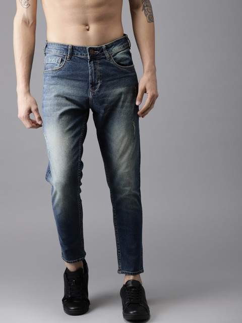 

HERE&NOW Men Blue Slim Fit Mid-Rise Low Distress Stretchable Cropped Jeans