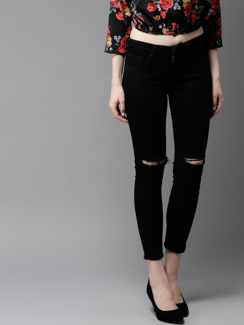 

HERE&NOW Women Black Skinny Fit Mid-Rise Cropped Slash Knee Stretchable Jeans