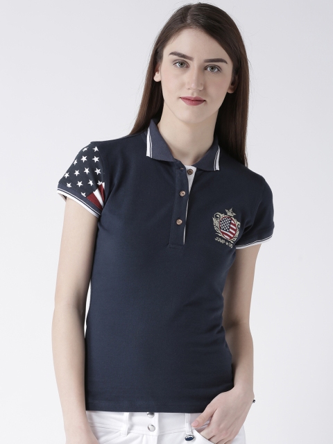 

JUMP USA Women Navy Blue Solid Polo Collar T-shirt