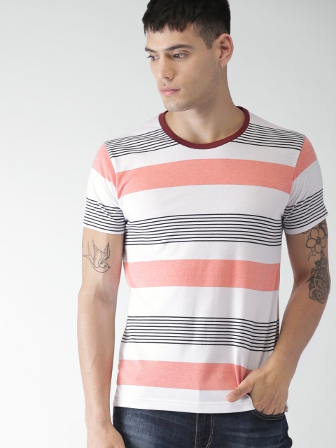 

INVICTUS Men White & Peach-Coloured Striped Round Neck T-shirt