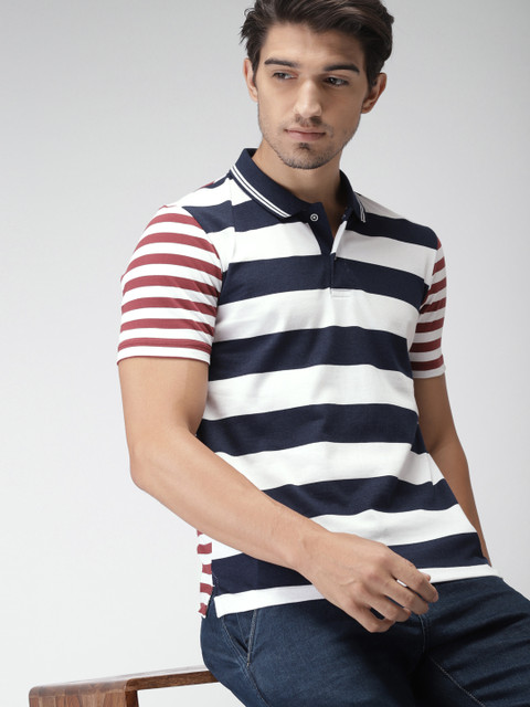 

INVICTUS Men Navy Blue & White Striped Polo T-shirt
