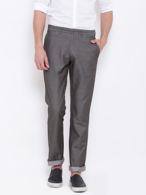 

Blackberrys Men Grey & Burgundy Dual-Toned Self-Striped Trousers