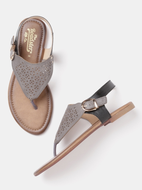 

Roadster Women Grey & Black Solid Open Toe Flats with Laser-Cut Detail